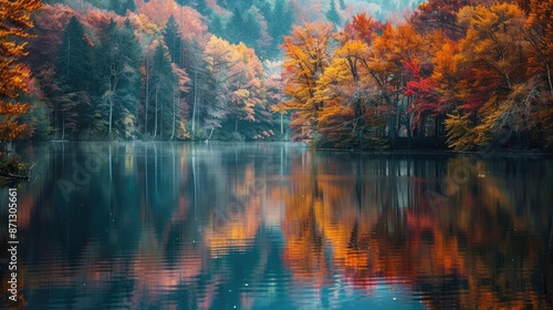 Highlight the vivid hues of autumn leaves reflected in a calm lake