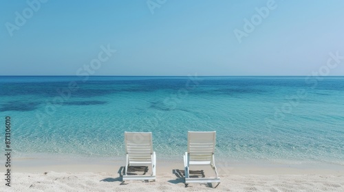 Sandy shore with chairs facing the sea, untouched beach paradise, clear blue waters, tranquil and serene atmosphere, perfect for relaxation