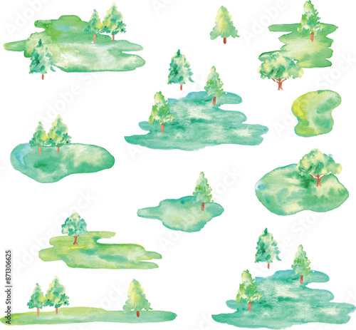 水彩画。水彩タッチのベクター森林素材。手描きの自然イラスト。緑の植物背景。森と木。Watercolor painting. Vector forest material with watercolor touch. Hand drawn nature illustration. Green vegetation background. Forest and trees.
