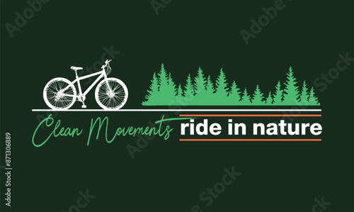 Illustration of a bicycle silhouette and trees in a composition with lettering alluding to clean transport and nature preservation.