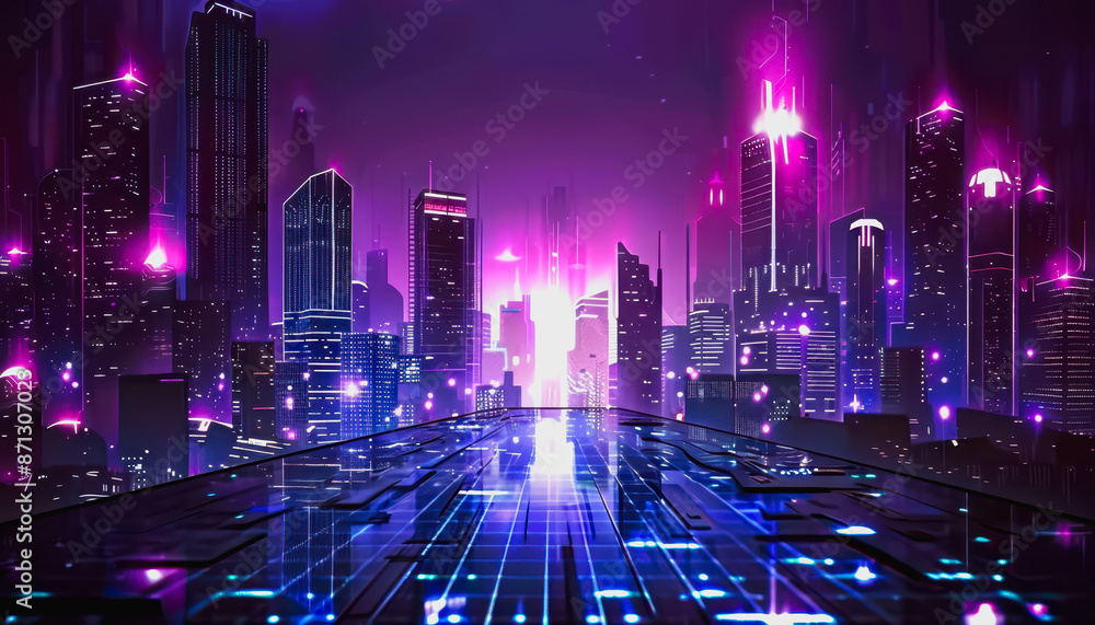 Fototapeta premium Futuristic cityscape with neon skyscrapers and a digital data wave