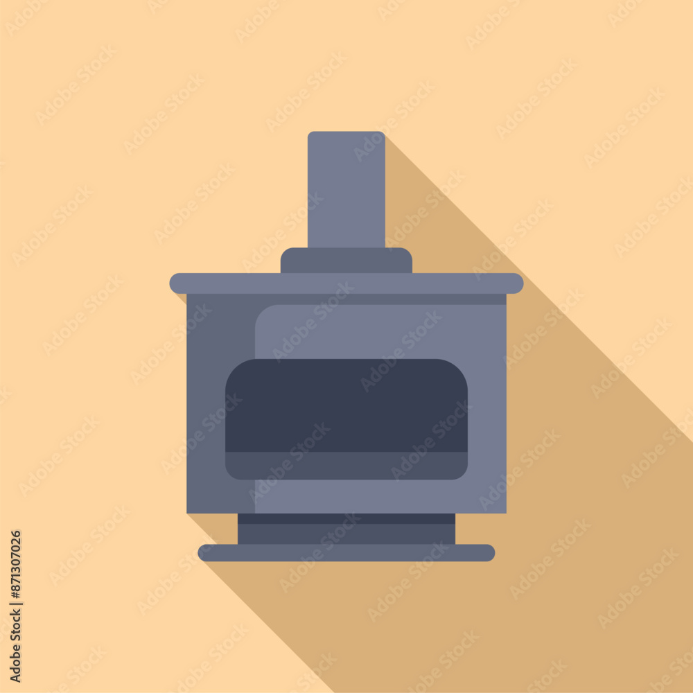 Modern metal stove burning wood for heating a house, interior design illustration with long shadow on a yellow background