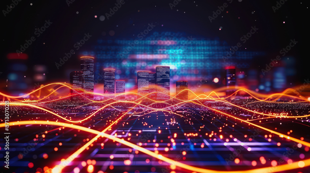 Futuristic cityscape with neon skyscrapers and a digital data wave Futuristic cityscape with neon skyscrapers and a digital data wave