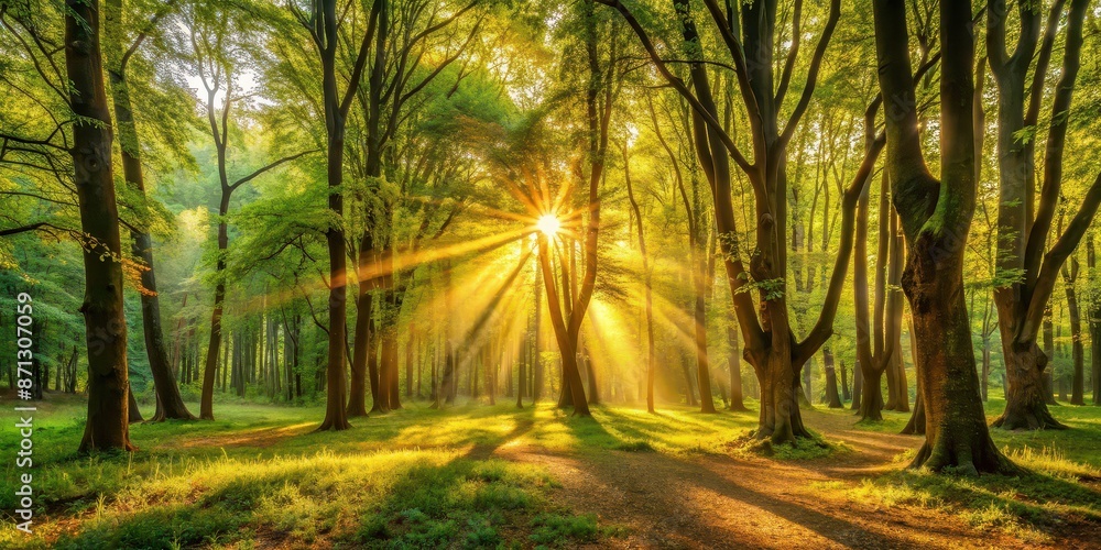 Naklejka premium Sun-dappled forest glade with golden light filtering through canopy, tranquility, forest, glade, sunlight, golden, enchanting