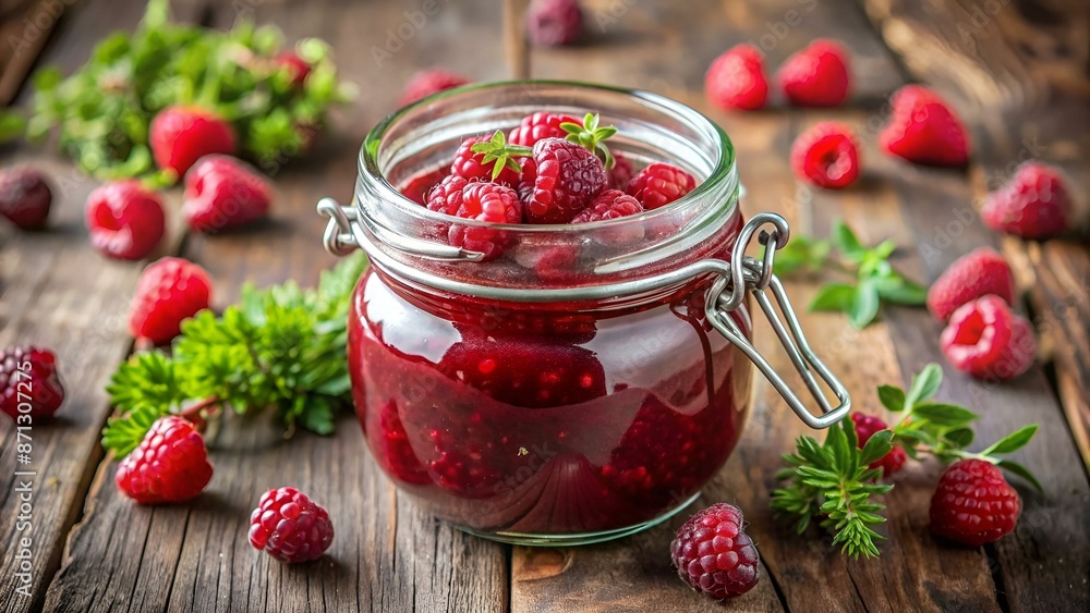 Raspberry jam in a glass jar and fresh raspberry and thyme Raspberry jam in a glass jar and fresh raspberry and thyme