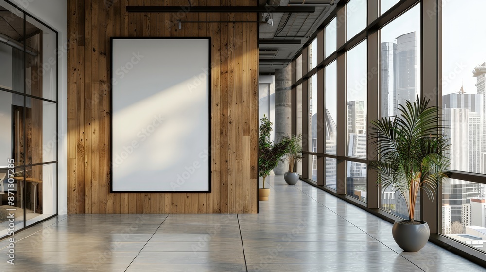 An empty framed poster on a wooden wall in a modern, well-lit office hallway with large windows An empty framed poster on a wooden wall in a modern, well-lit office hallway with large windows