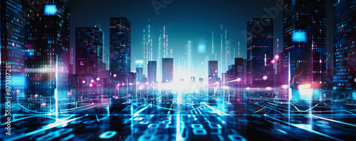 Wallpaper Mural Futuristic cityscape with neon skyscrapers and a digital data wave Torontodigital.ca