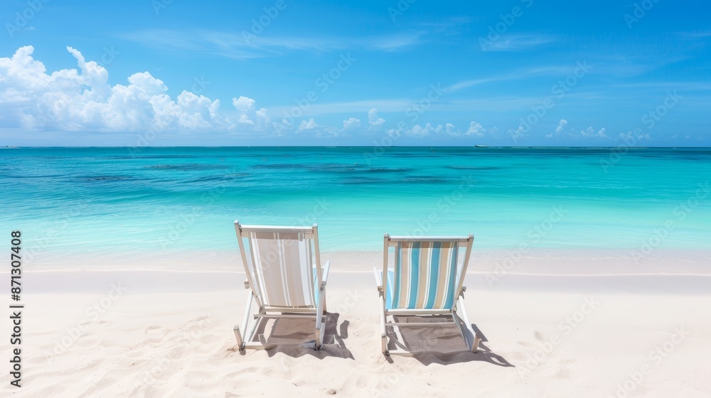 Untouched beach paradise with sandy shore, two chairs facing the serene sea, clear blue waters, pristine and tranquil atmosphere, perfect for relaxation Untouched beach paradise with sandy shore, two chairs facing the serene sea, clear blue waters, pristine and tranquil atmosphere, perfect for relaxation