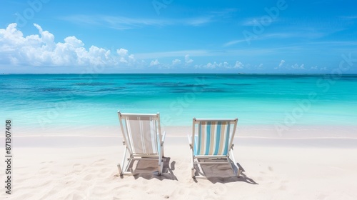 Untouched beach paradise with sandy shore, two chairs facing the serene sea, clear blue waters, pristine and tranquil atmosphere, perfect for relaxation © Paul