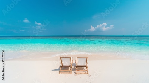 Untouched beach paradise with sandy shore, two chairs facing the serene sea, clear blue waters, pristine and tranquil atmosphere, perfect for relaxation © Paul