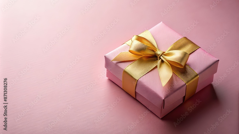 Pink gift box with a gold ribbon on a skin color background , luxury, holiday, gift packaging, present, elegant, shiny Pink gift box with a gold ribbon on a skin color background , luxury, holiday, gift packaging, present, elegant, shiny
