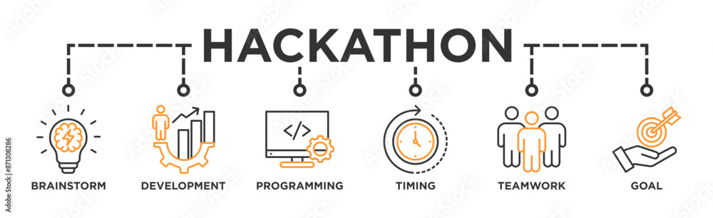 Hackathon banner web icon vector illustration concept for design sprint-like social coding event with icon of brainstorm, development, programming, timing, speed, teamwork, and goal Hackathon banner web icon vector illustration concept for design sprint-like social coding event with icon of brainstorm, development, programming, timing, speed, teamwork, and goal
