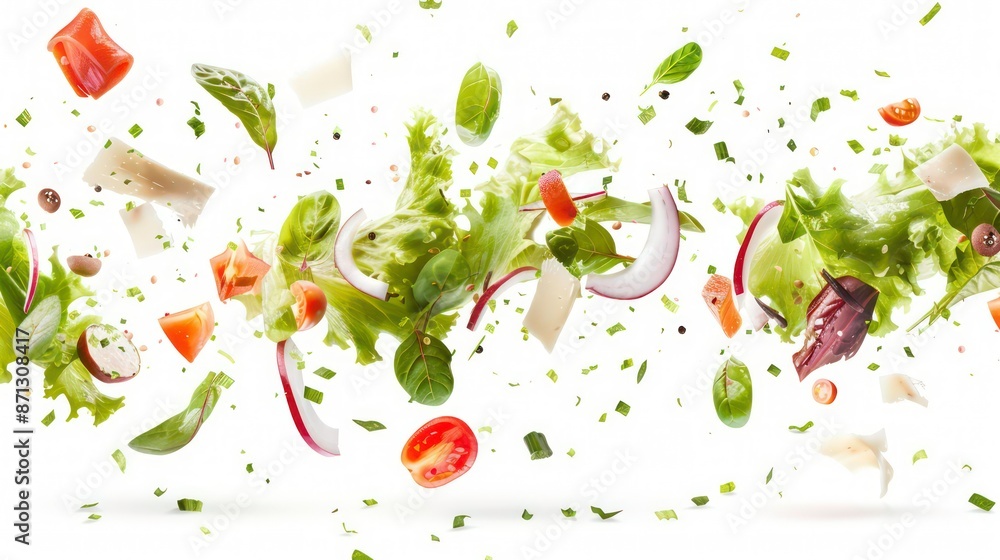 Salad with ingredients and food pieces floating in the air on white background. Generative AI Salad with ingredients and food pieces floating in the air on white background. Generative AI