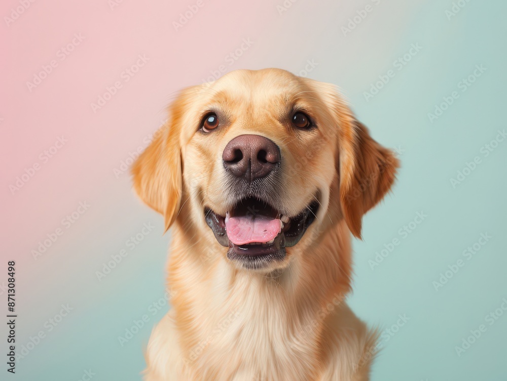 A golden retriever with a happy expression, looking directly at the camera against a soft pink and blue background. A golden retriever with a happy expression, looking directly at the camera against a soft pink and blue background.