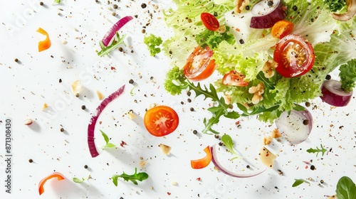 Salad with ingredients and food pieces floating in the air on white background. Generative AI