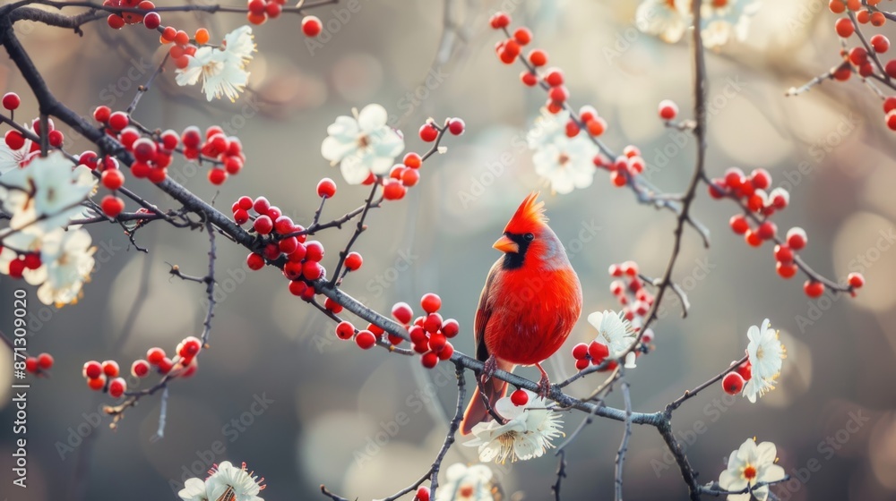 Fototapeta premium a red bird sitting on a branch of a tree with white flowers and red berries on it's branches