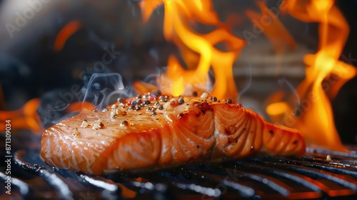 Tasty roasted salmon steak cooking over the grill with flames. Generative AI