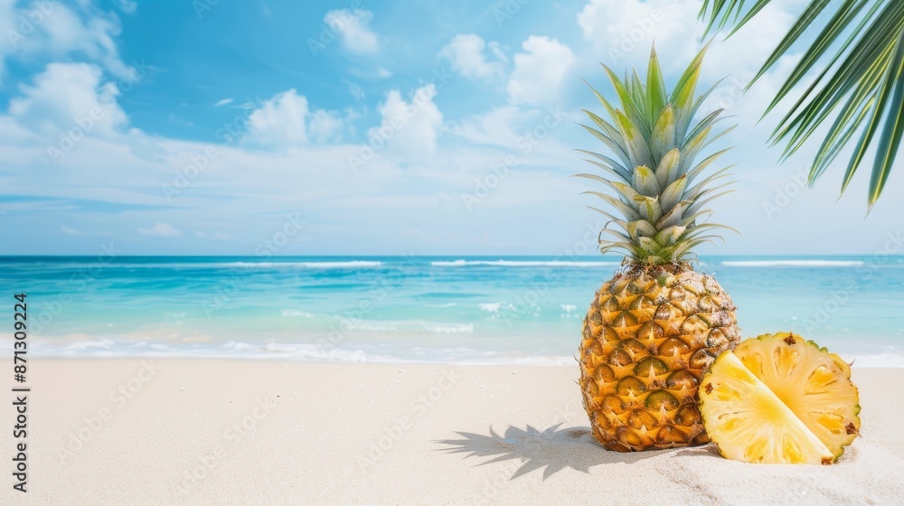 Pineapple and slices on a tranquil sandy beach, turquoise sea, untouched tropical paradise, swaying palm trees, blue sky, idyllic and picturesque beach scene