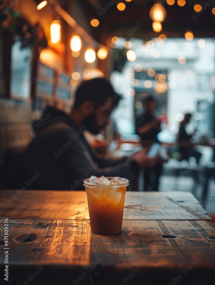 A glass of iced tea sits on a wooden table in a cafe, with a blurred background of people enjoying their drinks. A glass of iced tea sits on a wooden table in a cafe, with a blurred background of people enjoying their drinks.