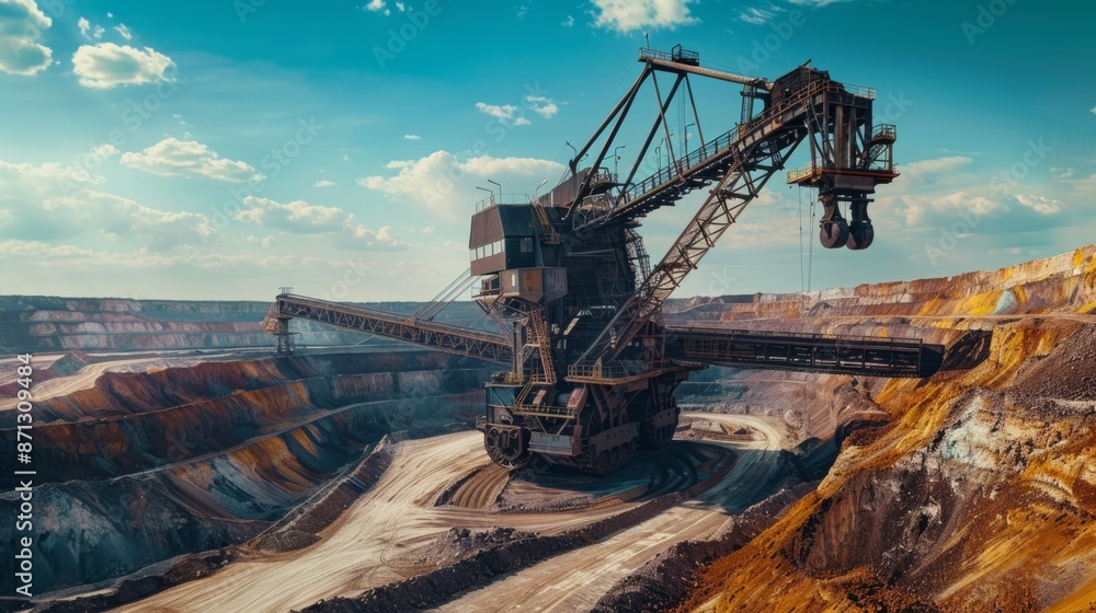 Walking excavator operates at night near piles row in mining pit Walking excavator operates at night near piles row in mining pit