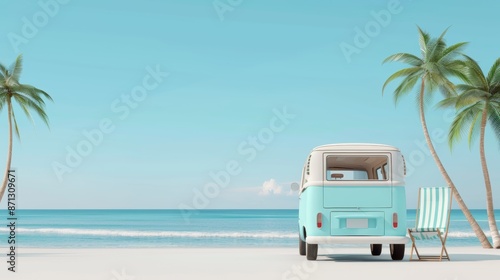 Retro travel van with deck chair on a stunning beach paradise, palm trees, ocean waves, bright and sunny day, ready for a relaxing getaway © Paul