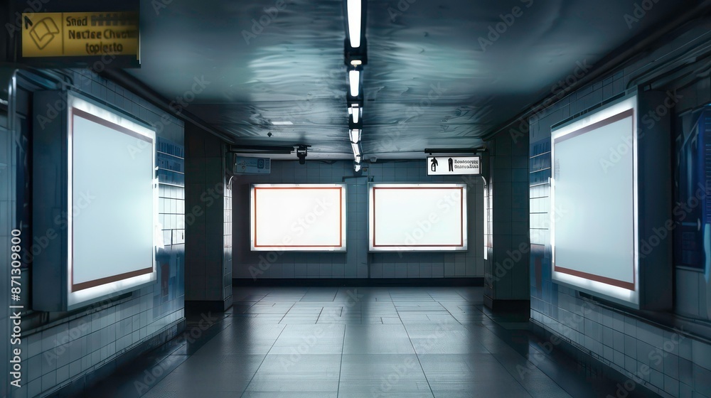 Three square billboards mockups in an underground. Generative AI Three square billboards mockups in an underground. Generative AI