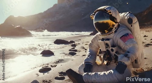 Helmet, beach, sea, exploration, astronaut, 
Viewer, mountain, Adventure, photo