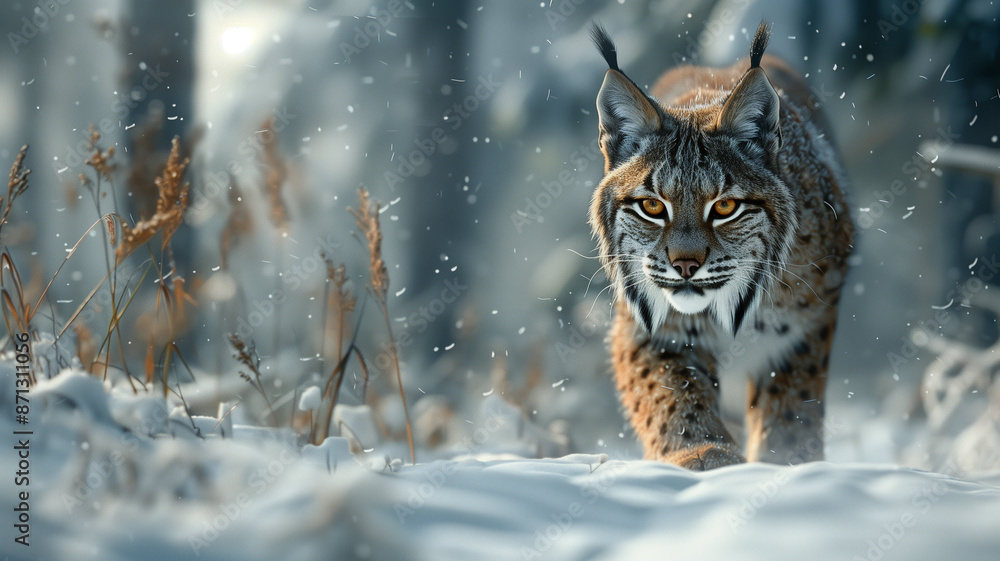 A lynx prowls through a snowy forest, its tufted ears alert to every sound. The snow-covered ground and trees create a serene, wintry scene. A lynx prowls through a snowy forest, its tufted ears alert to every sound. The snow-covered ground and trees create a serene, wintry scene.