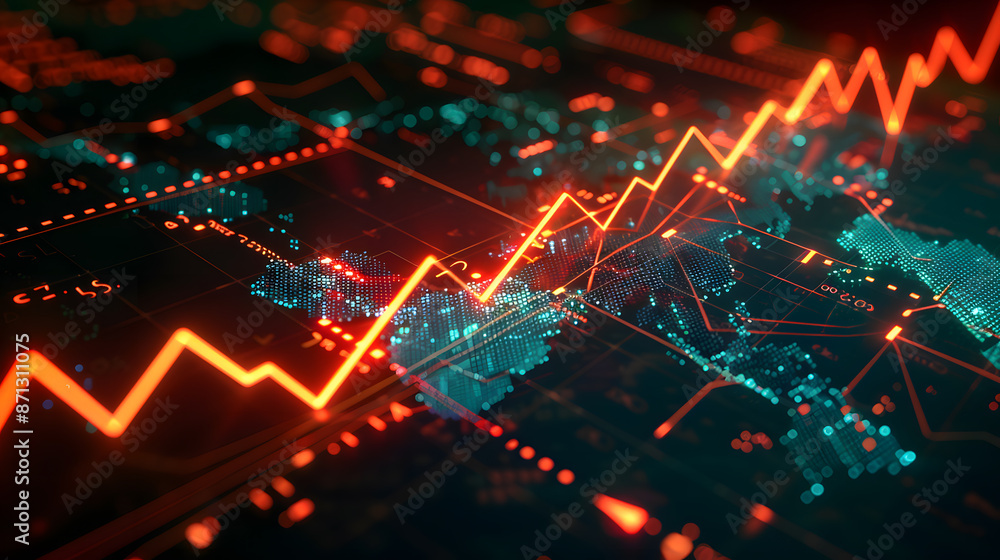 Growing upward arrows, map and forex chart on dark background. Global trends, trading and finance concept. 3D Rendering. Growing upward arrows, map and forex chart on dark background. Global trends, trading and finance concept. 3D Rendering.