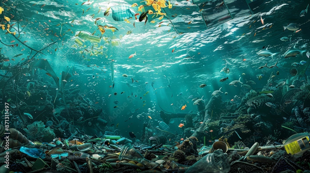 Ocean waste, marine life swimming amongst plastic debris, underwater ...