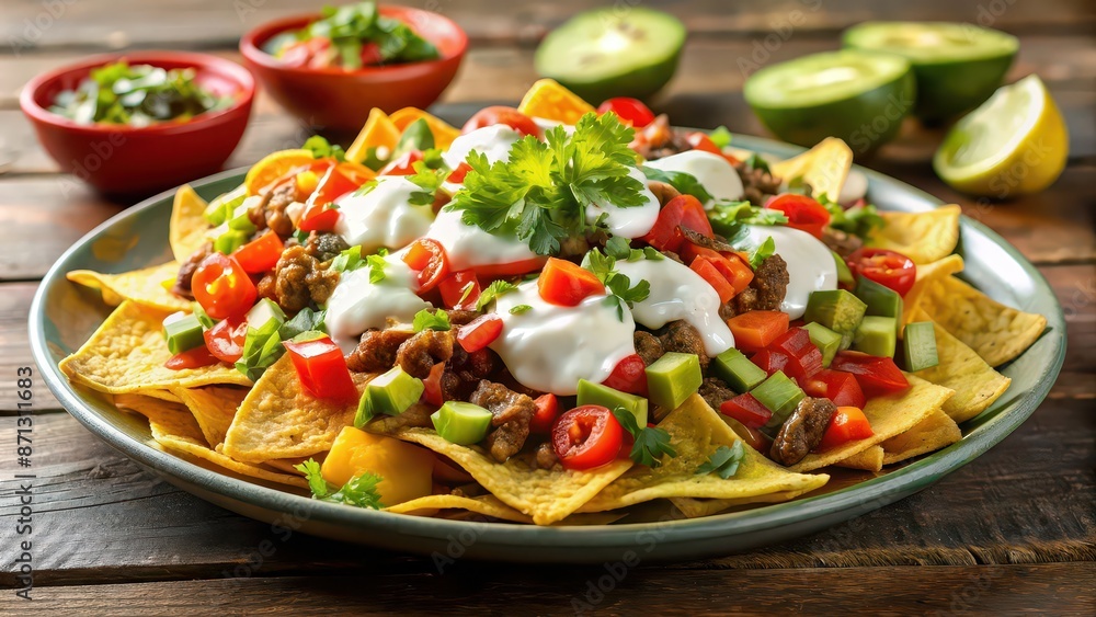 Plate of loaded Cinco De Mayo nachos with chips, cheese, salsa, guacamole, and sour cream, Cinco De Mayo, nachos, loaded Plate of loaded Cinco De Mayo nachos with chips, cheese, salsa, guacamole, and sour cream, Cinco De Mayo, nachos, loaded