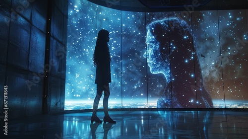 Long-distance relationship, couple communicating through holographic projections, emotional and modern photo