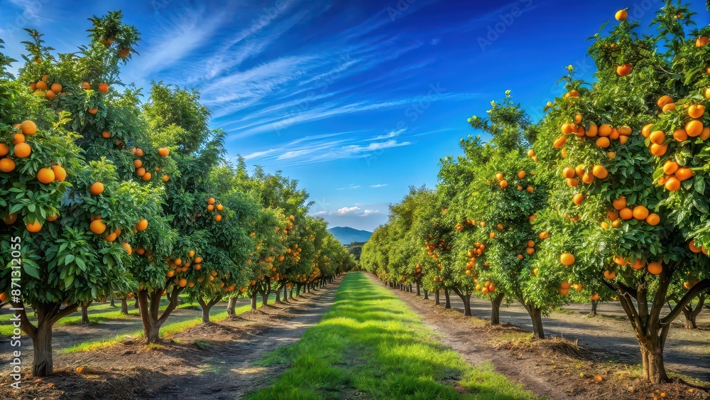 Serene orange orchard with rows of fruit-laden trees under a clear blue sky, orchard, orange, fruit, trees, agriculture, landscape Serene orange orchard with rows of fruit-laden trees under a clear blue sky, orchard, orange, fruit, trees, agriculture, landscape