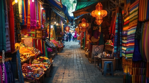 Illuminate the vibrant colors of a bustling street market in a foreign city