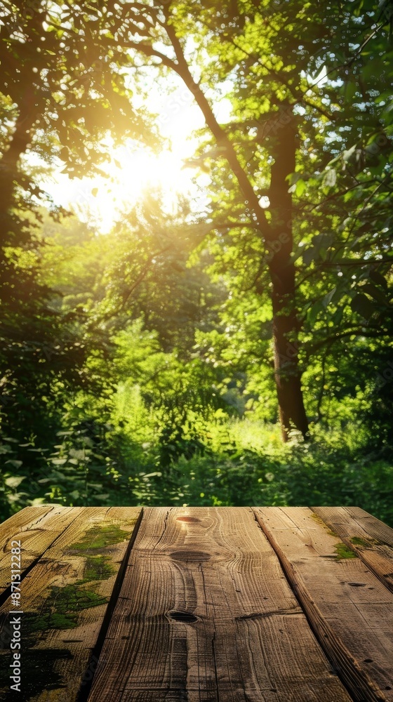 Wooden picnic table in lush green forest with sunlight filtering through trees. Natural outdoor relaxation concept Wooden picnic table in lush green forest with sunlight filtering through trees. Natural outdoor relaxation concept