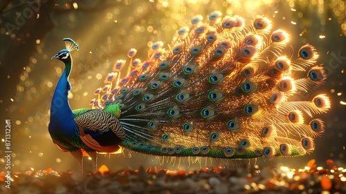A peacock stands majestically with its vibrant tail feathers fully fanned out, shimmering in the sunlight. The intricate patterns on its feathers captivate the eye with their vivid blues and greens.