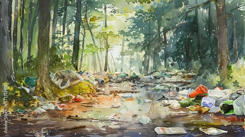 Illegal dumping in a forest, serene nature marred by trash, environmental message, watercolor photo