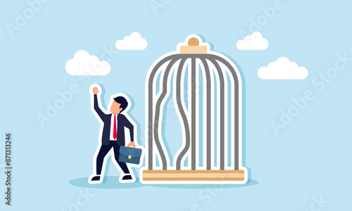 Escape the routine comfort zone to experience new challenges and embrace freedom, concept of A strong, ambitious businessman bends the bars and escapes from a birdcage trap