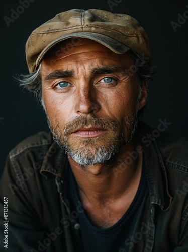 Portrait of a man with blue eyes and a cap on black background reflecting fashion and style beauty