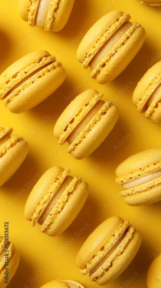Yellow macarons on a yellow background, top view. Dessert concept Yellow macarons on a yellow background, top view. Dessert concept