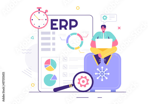 ERP Enterprise Resource Planning System Vector Illustration with Business Integration, Productivity, and Company Enhancement on a Flat Background