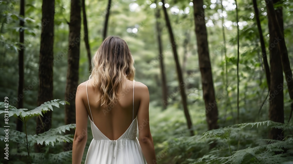 Women in white dress walk into the green forest, calm in peaceful surrounding, in relaxation and emotionally calm, having alone time or me time on herself Women in white dress walk into the green forest, calm in peaceful surrounding, in relaxation and emotionally calm, having alone time or me time on herself