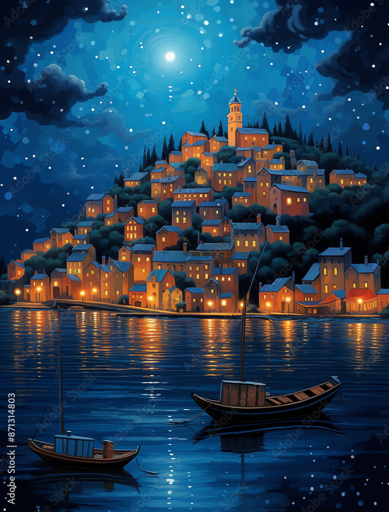Obraz premium A small fishing boat is moored on the water, and in front of it lies an ancient European town with glowing lights shining from its buildings