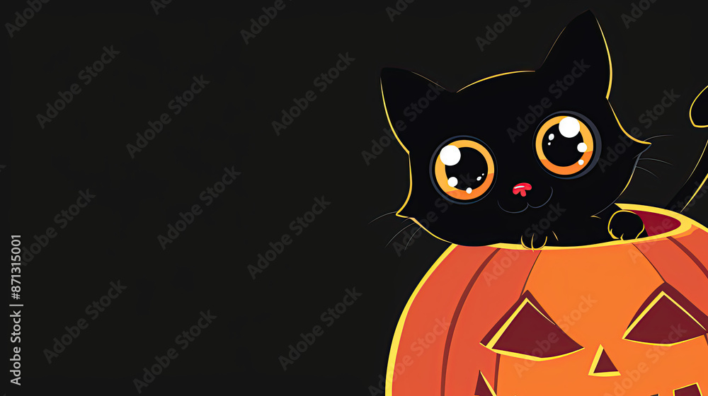 Illustrated Halloween cat in a Jack-o-lantern pumpkin on black. Area for text on left for a Happy Halloween Card Illustrated Halloween cat in a Jack-o-lantern pumpkin on black. Area for text on left for a Happy Halloween Card