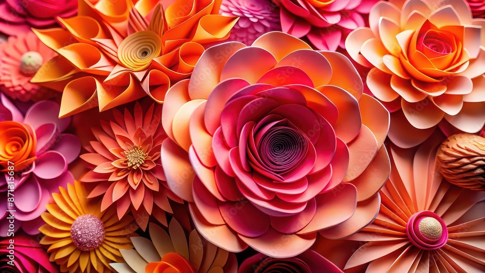 Close-up of an intricately detailed, vibrant paper flower with shades of pink and orange Close-up of an intricately detailed, vibrant paper flower with shades of pink and orange