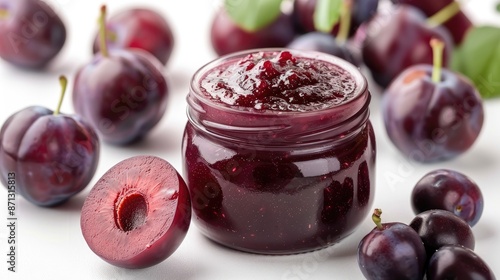 Plum puree jar with fresh plum on toy train on white background focused