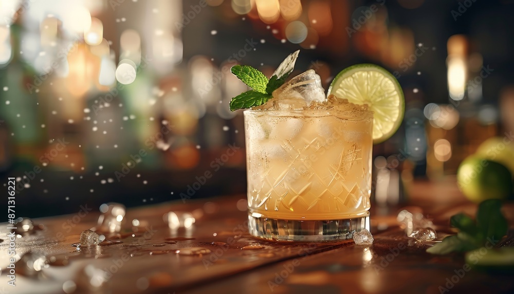 An intricately designed cocktail with a slice of lime and a sprig of mint An intricately designed cocktail with a slice of lime and a sprig of mint