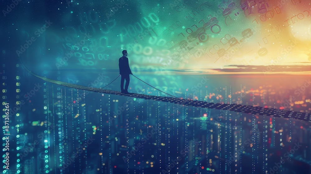 Balancing Act in the Digital Realm - Business Person Overcoming Obstacles on Binary Tightrope Balancing Act in the Digital Realm - Business Person Overcoming Obstacles on Binary Tightrope