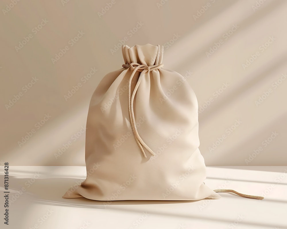 Beige Drawstring Bag on a Light Background Beige Drawstring Bag on a Light Background