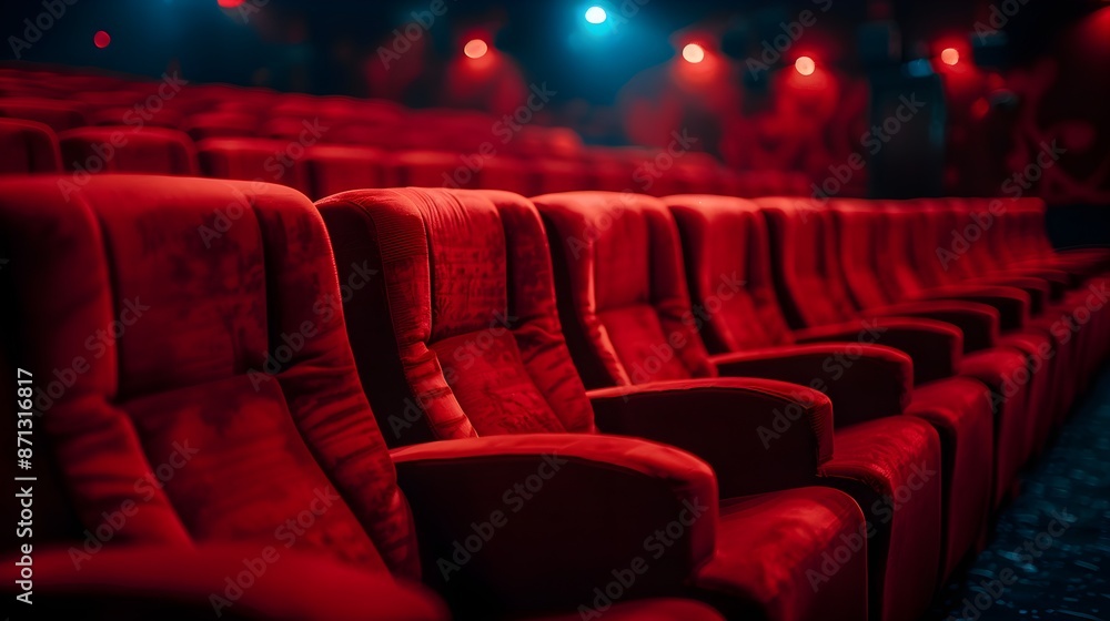 Empty red seats in an old-fashioned cinema hall with ambient lighting Empty red seats in an old-fashioned cinema hall with ambient lighting